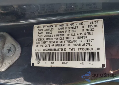 2006 Honda Accord 2.4 Ex from USA, damaged, VIN 1HGCM56856A172623